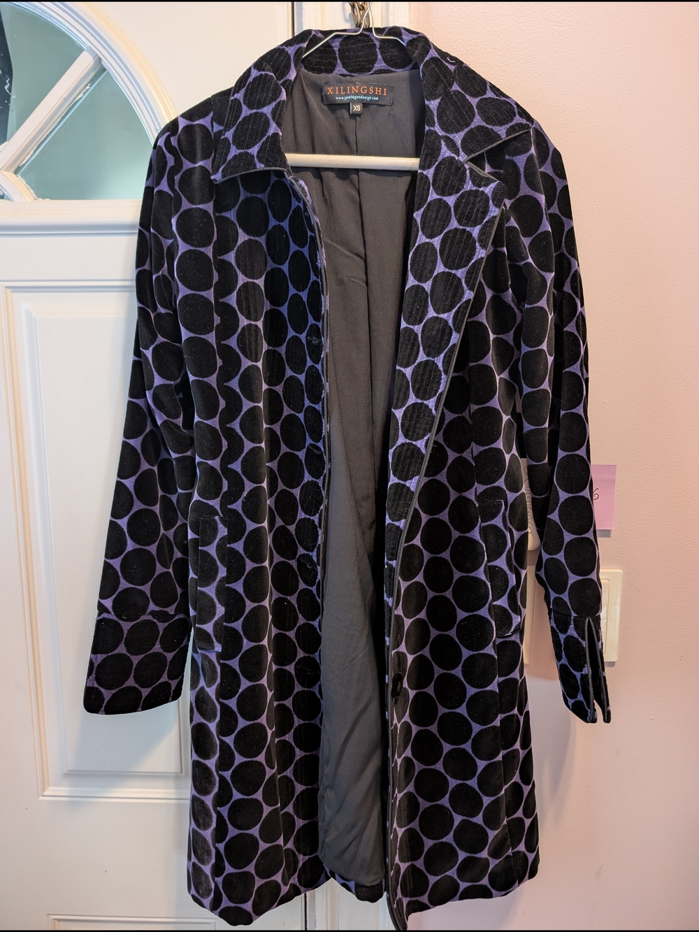 Janet Egan Xilingshi Purple and Black Polka Dot Velvet Coat